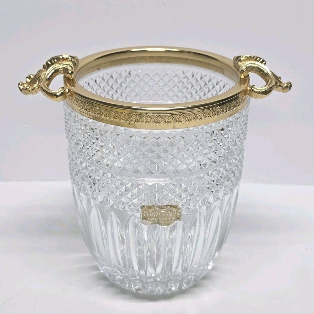 Vintage MCM Crystal Ice Bucket Diamond Cut Gold Metal Shells Handles W. Germany